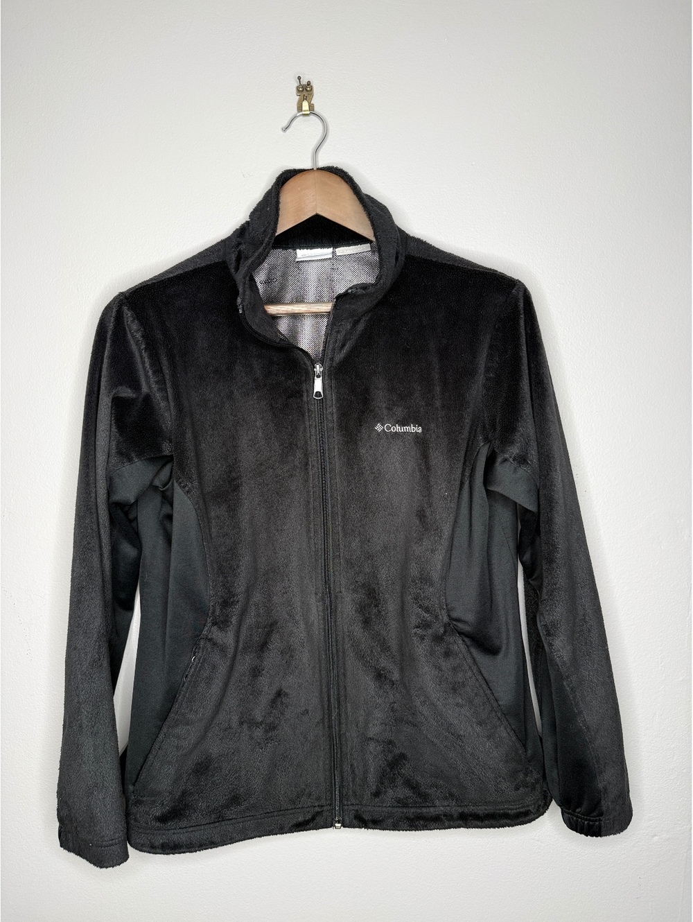 Columbia Womens Black Velour Plush Fleece Jacket Full Zip Mesh Lined Size L